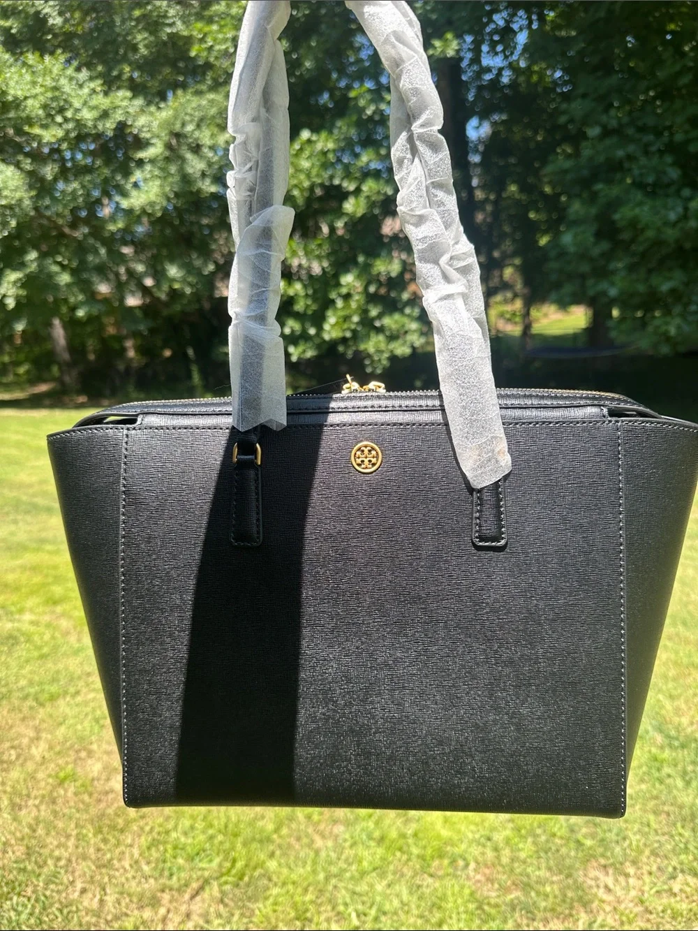 Tory Burch Black Structured Robinson Small Tote with Gold Logo New